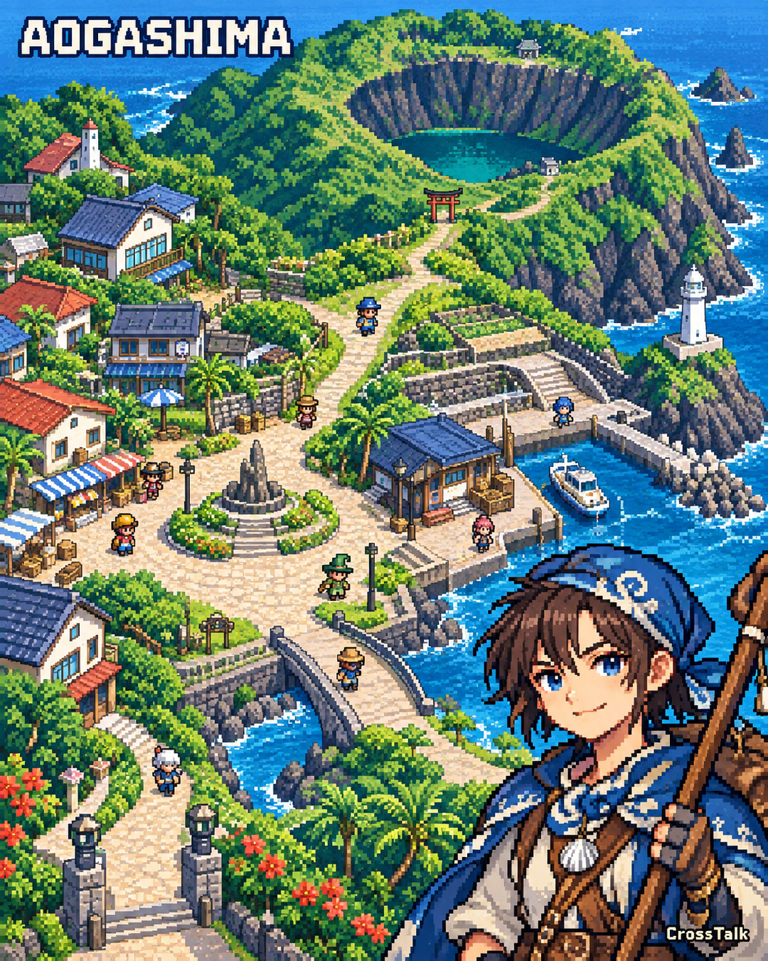青ヶ島をイメージした火山地形と緑の集落、海が広がるRPG風ピクセルアート。右下に杖を持つ冒険者が描かれている。