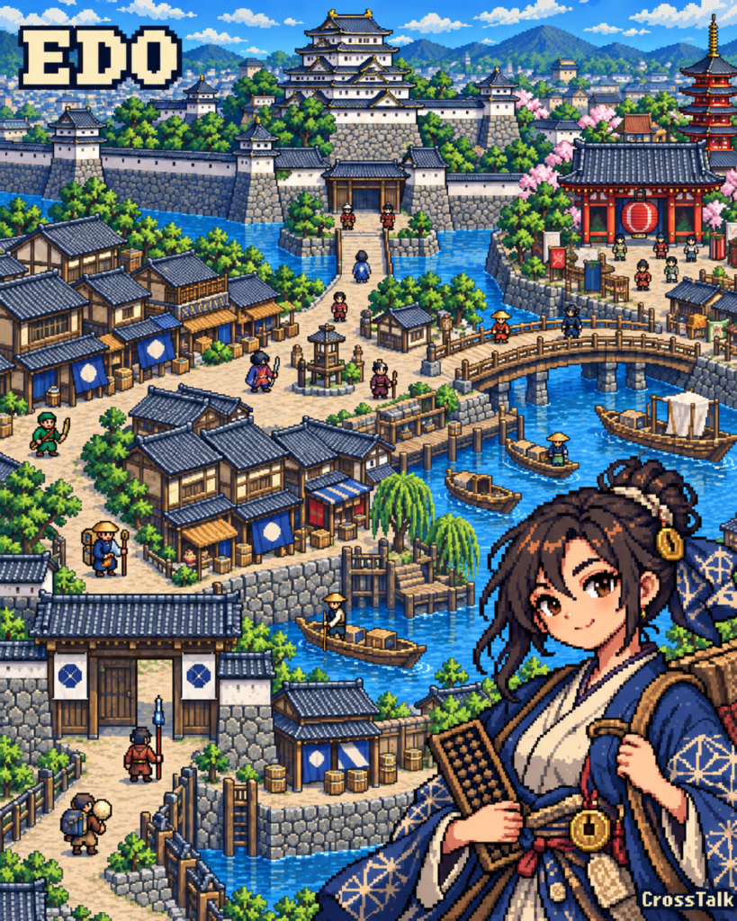 江戸をイメージした城と木造の街並み、舟が浮かぶ水辺のRPG風ピクセルアート。右下に和装の勇者が描かれている。