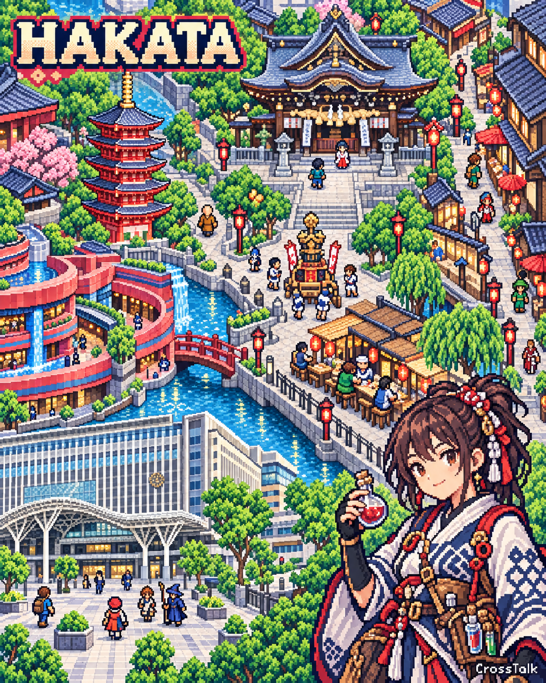 博多をイメージした寺社や商業施設、水辺のRPG風ピクセルアート。小さな冒険者が歩き、右下に和装の勇者が描かれている。