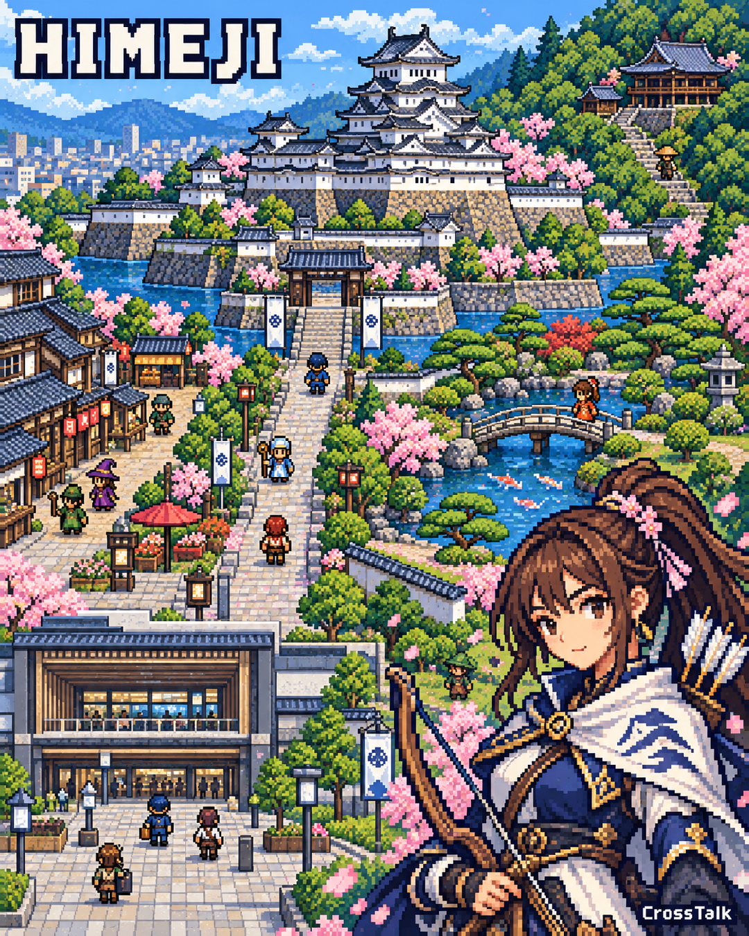 姫路城を中心に庭園や街路が広がるRPG風ピクセルアート。街を歩く冒険者と、右下に白い装備の勇者が描かれている。