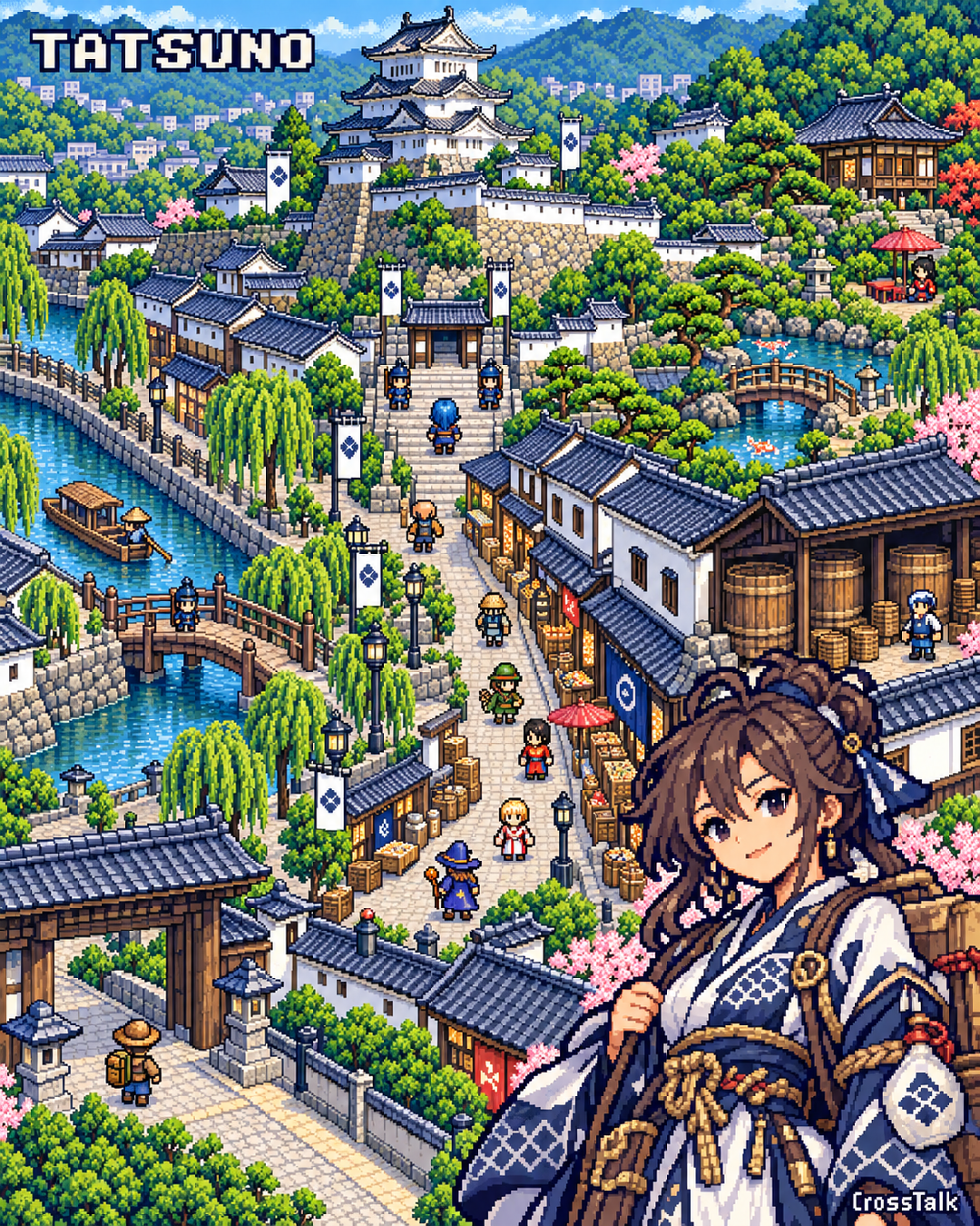 たつのをイメージした城下町と水辺、橋がつながるRPG風ピクセルアート。右下に和風の装備をまとった勇者が描かれている。