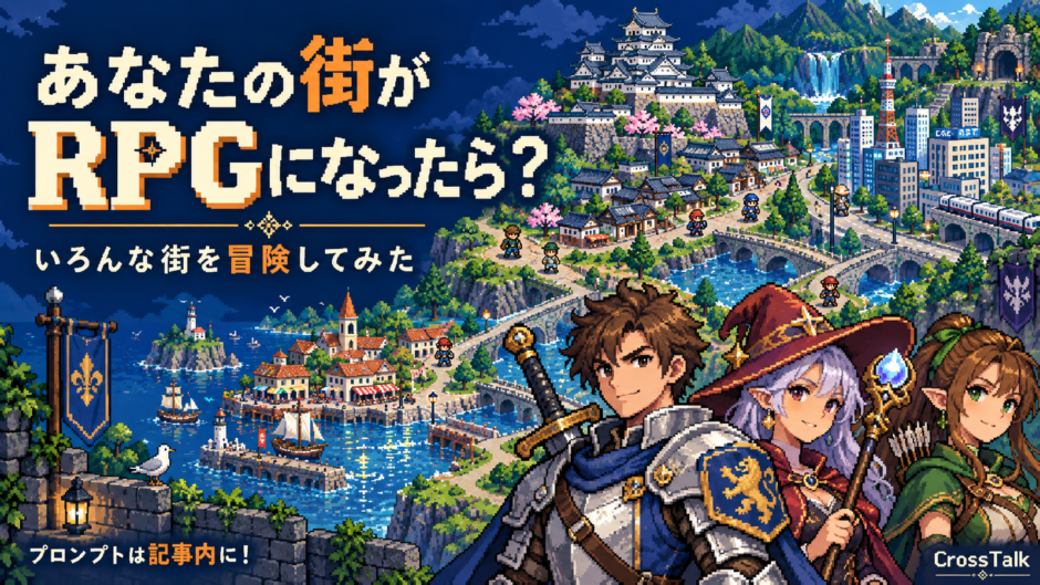 「あなたの街がRPGになったら？」の見出しと、城下町・都市・港町をつなぐピクセルアート。手前に3人の勇者、左下に「プロンプトは記事内に！」の案内。